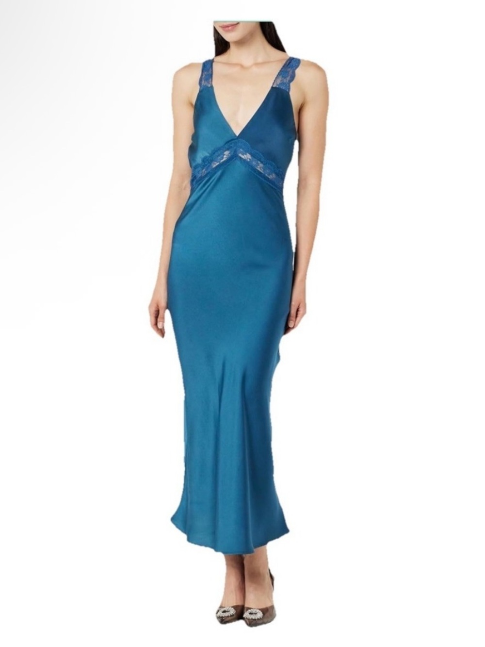 Teal Satin Lace Trim Slip Dress